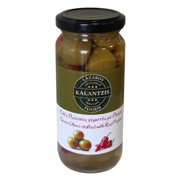 Olive Paste Spirulina Firm green Astakos olives stuffed with red pepper in a traditional glass jar